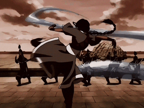 a cartoon of a woman holding a sword in front of a group of men