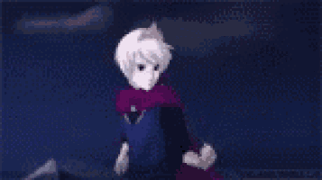 a boy with white hair and a purple scarf is standing in the dark .
