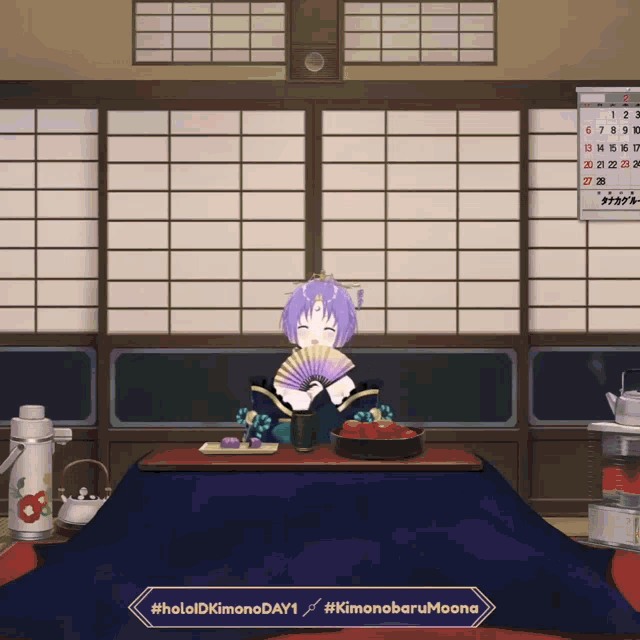 a girl with purple hair is sitting at a table with a fan and a calendar on the wall