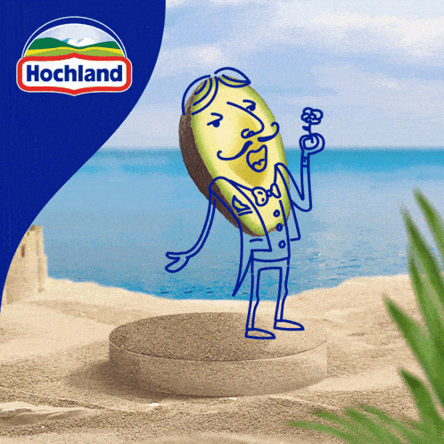 a drawing of an avocado wearing a tuxedo and holding a flower with a hochland logo in the background