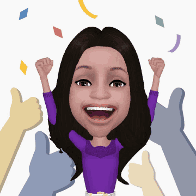 a woman in a purple shirt is surrounded by thumbs up