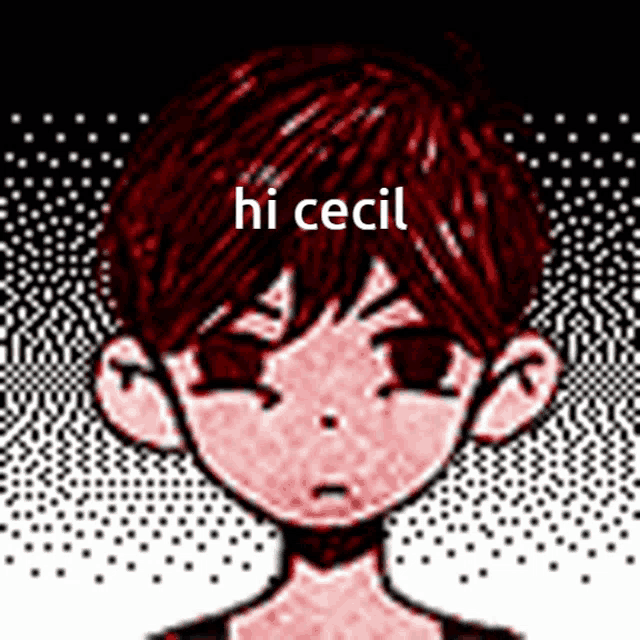 a pixel art of a boy with red hair and the words hi cecil on the bottom