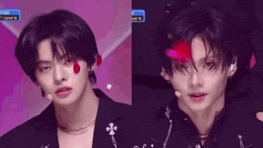 a close up of a person 's face and a close up of a person 's face with a microphone .