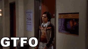 a man standing in front of a door with the word gtfo written on it