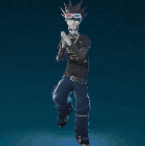 a man with a mohawk and 3d glasses is dancing with a gun