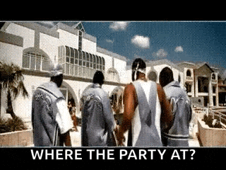 a group of men are standing in front of a building with the words " where the party at " on the bottom
