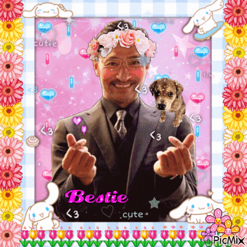 a picture of a man with a flower crown on his head and the word bestie on it