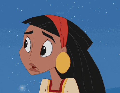 a cartoon girl with a red headband and yellow earrings looks surprised