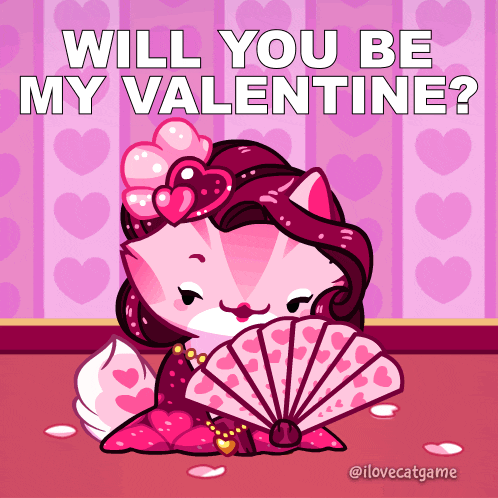 a valentine 's day greeting card with a pink cat holding a fan