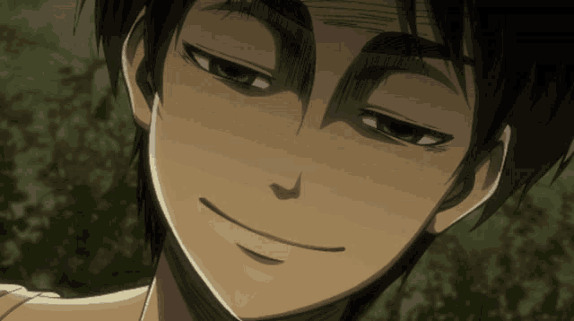 a close up of a person 's face with a slight smile