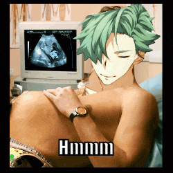 a man with green hair is holding a pregnant woman 's belly in front of an ultrasound monitor