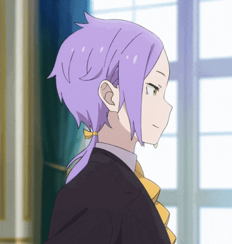 a girl with purple hair is wearing a black suit and a yellow tie