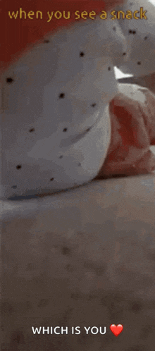 a close up of a baby 's face with the words `` when you see a snack which is you ''