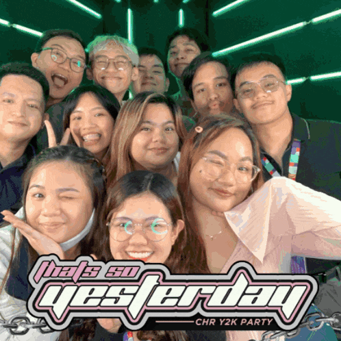 a group of people are posing for a picture with the words " hat 's so yesterday " on the bottom