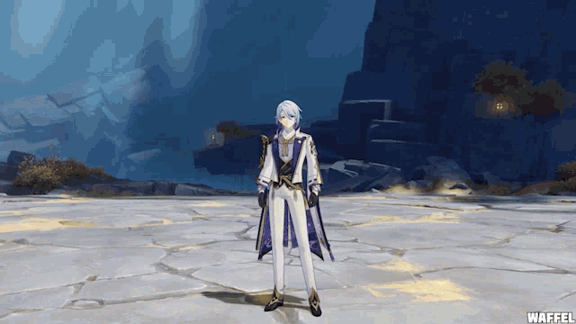 a man in a white and purple outfit is in a video game with the word waffel on the bottom
