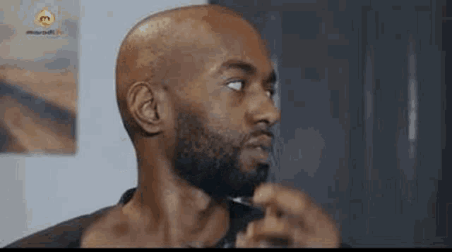 a bald man with a beard is shaving his beard with a razor in front of a mirror .