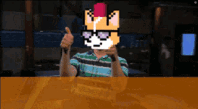 a pixelated image of a man with a cat mask on his face