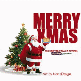 a merry xmas poster with santa holding a cake
