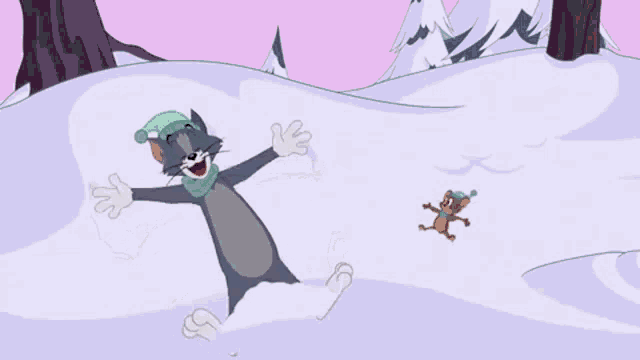 tom and jerry are making snow angels in a cartoon