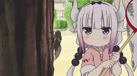 a girl with horns is standing next to a tree holding a net and looking at a cicada .