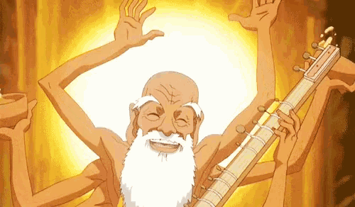 a cartoon of a man with a beard holding a guitar with many arms .
