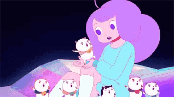 a cartoon girl with purple hair is surrounded by small white animals