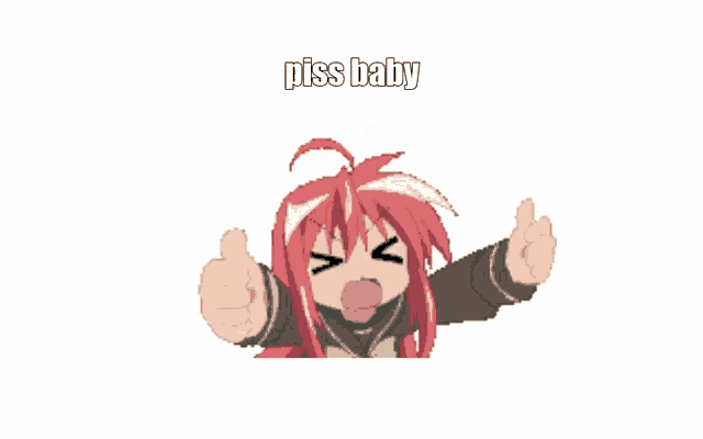a pixel art of a girl with red hair giving a peace sign and the words piss baby below her