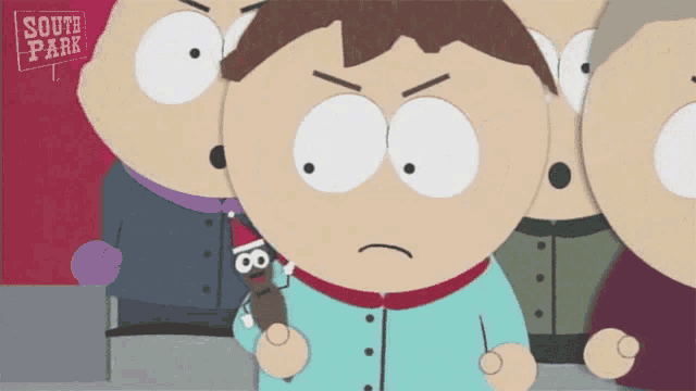 a cartoon character with a sign that says south park behind him