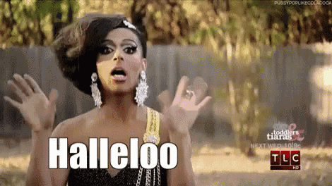 a drag queen says halleloo in front of a tlc logo