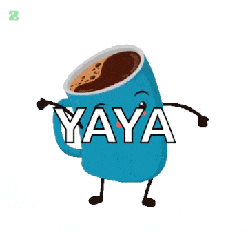 a blue cup of coffee with arms and legs is saying good morning yaya
