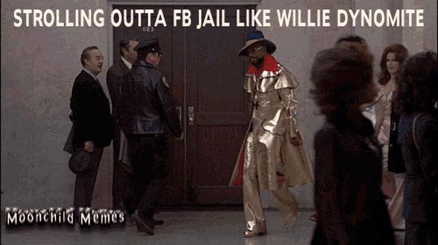 a man in a gold suit is strolling outta a jail like willie dynamite