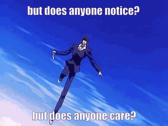 a man in a suit is flying through the air with the caption but does anyone notice but does anyone care ?