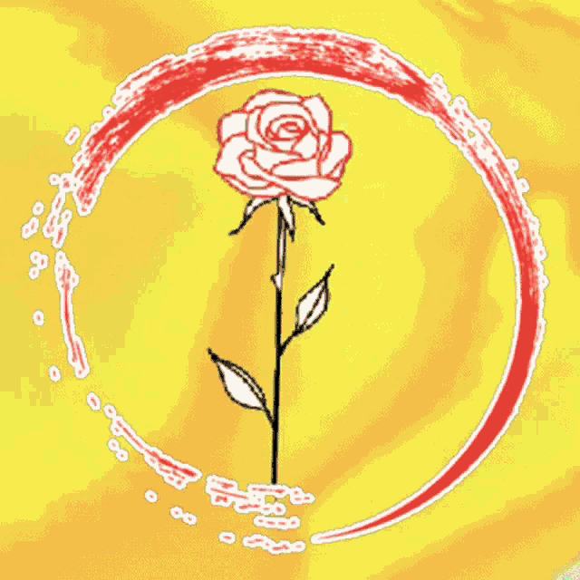 a drawing of a rose in a circle on a green and orange background