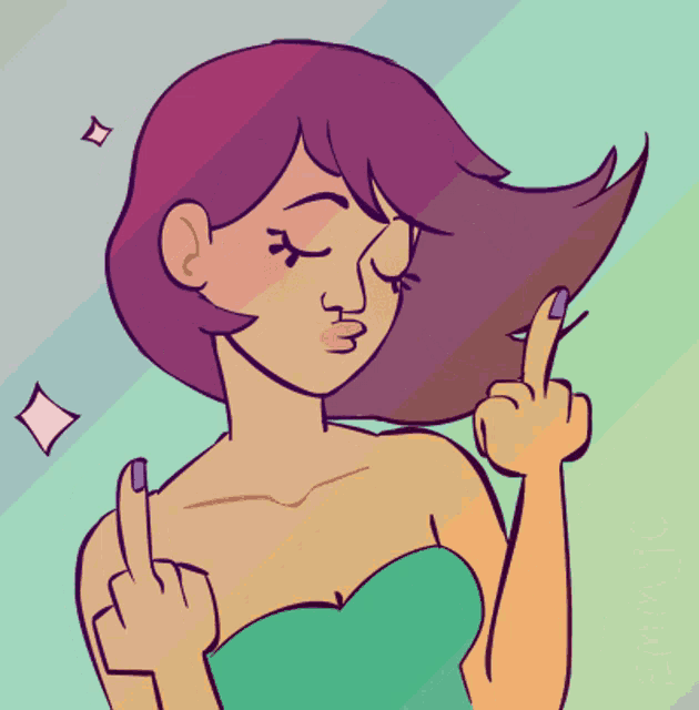 a drawing of a woman with purple nail polish giving the middle finger