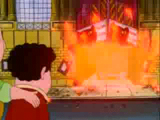 a cartoon of a man standing in front of a fireplace