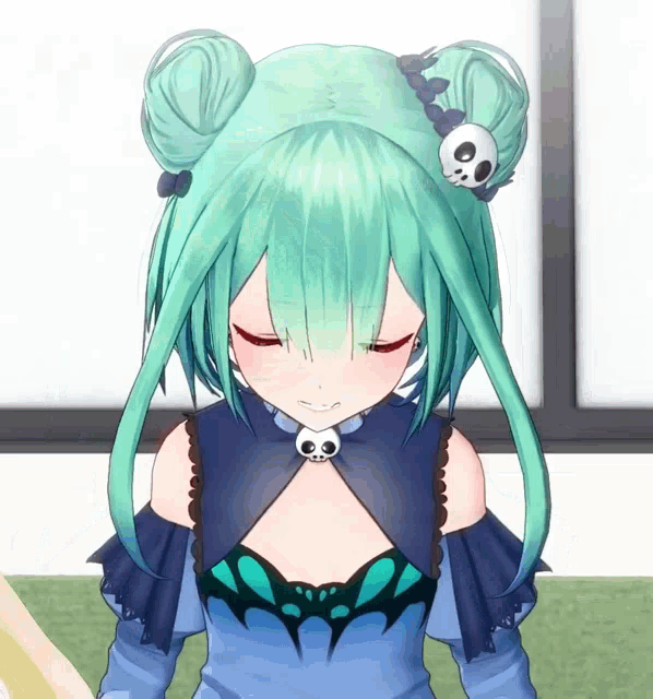 a girl with green hair has a skull on her hair