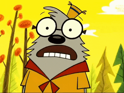 a cartoon character wearing glasses and a hat looks surprised