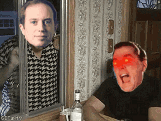 a man with red eyes is looking at himself in the mirror