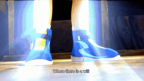 a person wearing blue shoes with the words where there is a will written below them