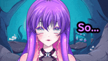 a purple haired anime girl with the word so above her head