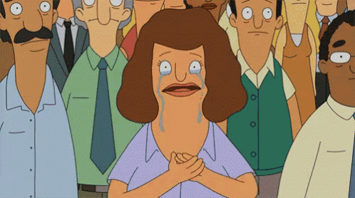 a cartoon of a woman crying in front of a crowd of people