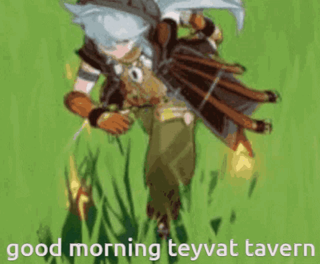 a cartoon character says good morning teyvat tavern while standing in the grass