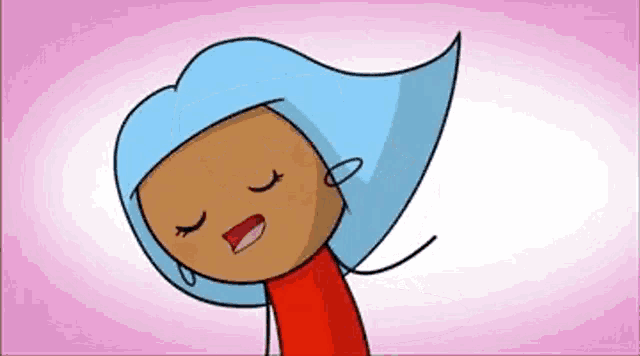 a cartoon character with blue hair and a red shirt is smiling .