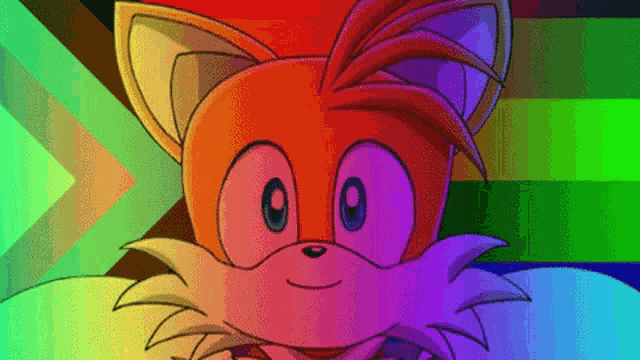 tails from sonic the hedgehog is smiling in front of a rainbow colored background