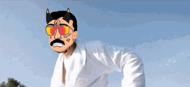 a cartoon of a man wearing sunglasses and a white robe with a tattoo on his face that says ' boy ' on it
