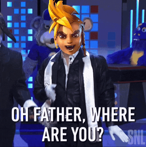 a cartoon character says oh father where are you in front of a cheeseburger mascot