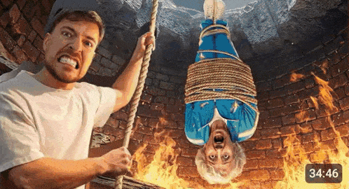 a man is holding a rope while a woman is tied up .