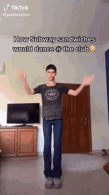 a man is standing in front of a tv with his arms outstretched and a caption that says subway