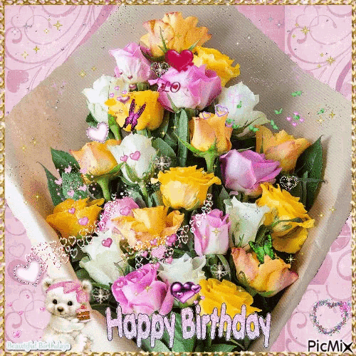 a picture of a bouquet of flowers with the words happy birthday on it