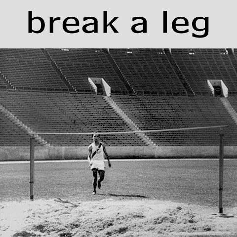 a black and white photo of a person running with the words break a leg above them